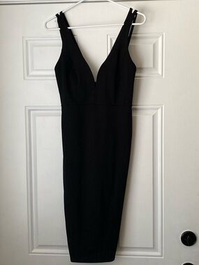 Lulus Black Deep V Front Double Strap Body Con Midi Dress Size Large